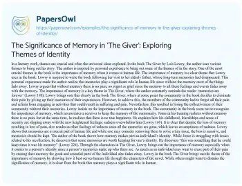 Essay on The Significance of Memory in ‘The Giver’